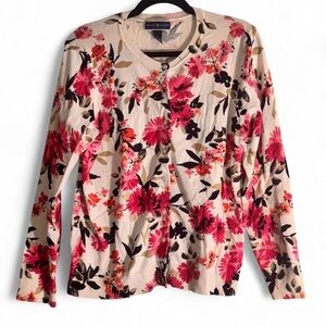 Karen Scott Floral Cardigan size L - Pink and Black on Cream